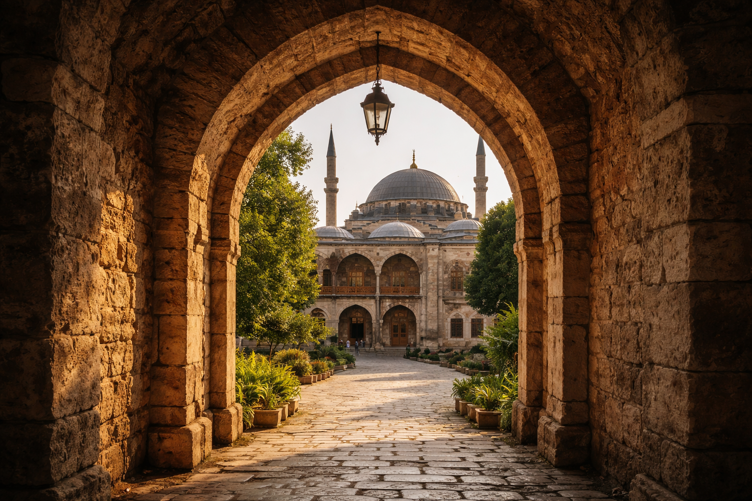 Tas kemer arasından gorunen tarihi yapi ile cerceveleme kompozisyonu