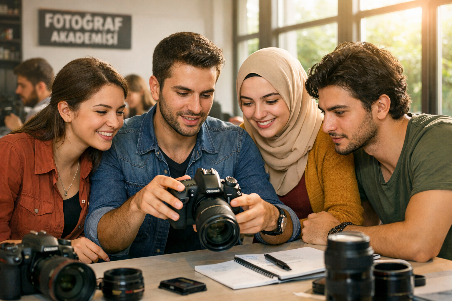 Fotografcilik egitimi sirasinda kamera ayarlarini inceleyen ogrenciler