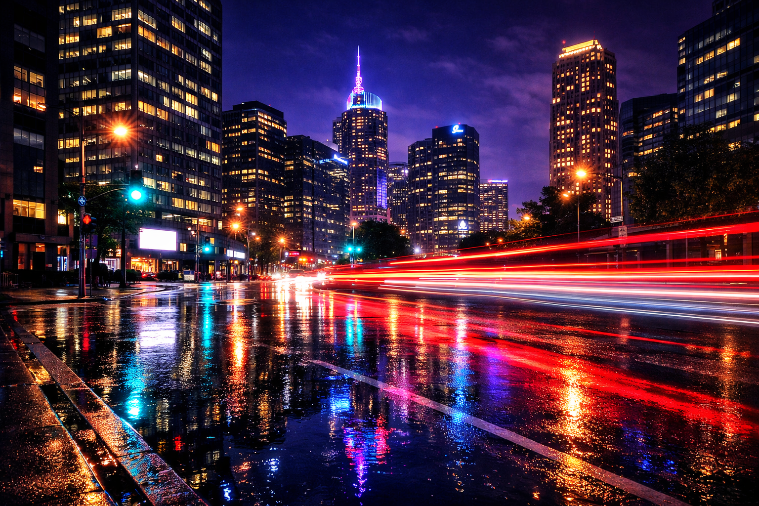 Gece vakti telefonla cekilmis sehir isiklari ve uzun pozlama fotografi