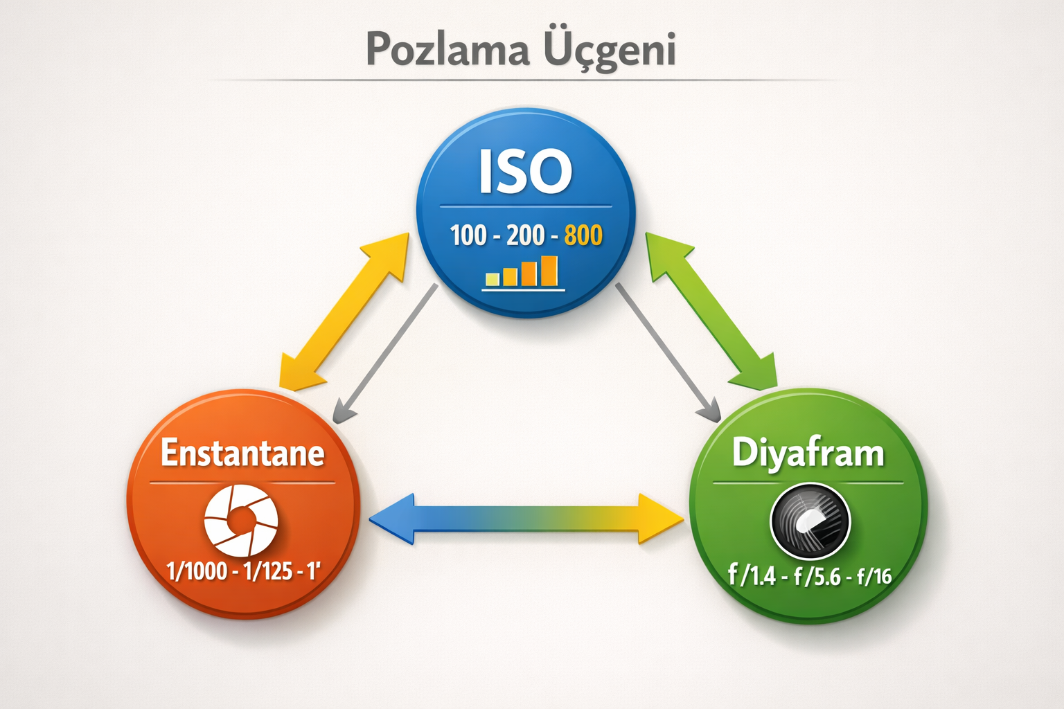 ISO, enstantane hizi ve diyafram iliskisini gosteren pozlama ucgeni semasi
